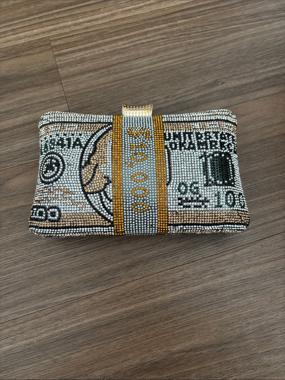 Beaded Money Print Crystal Clutch Wristlet - Silver & Gold